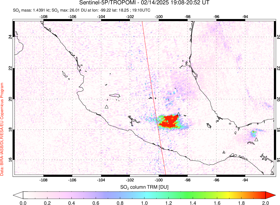 A sulfur dioxide image over Mexico on Feb 14, 2025.