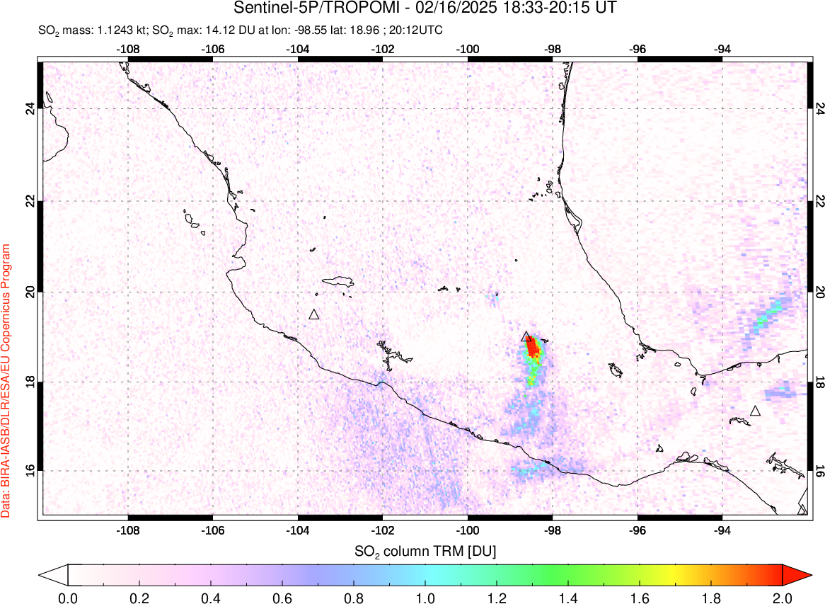 A sulfur dioxide image over Mexico on Feb 16, 2025.