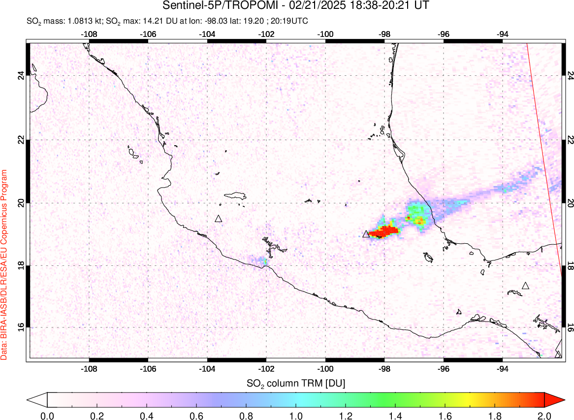 A sulfur dioxide image over Mexico on Feb 21, 2025.