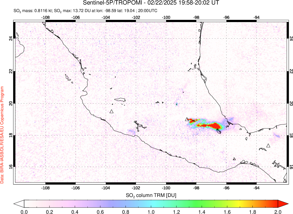 A sulfur dioxide image over Mexico on Feb 22, 2025.