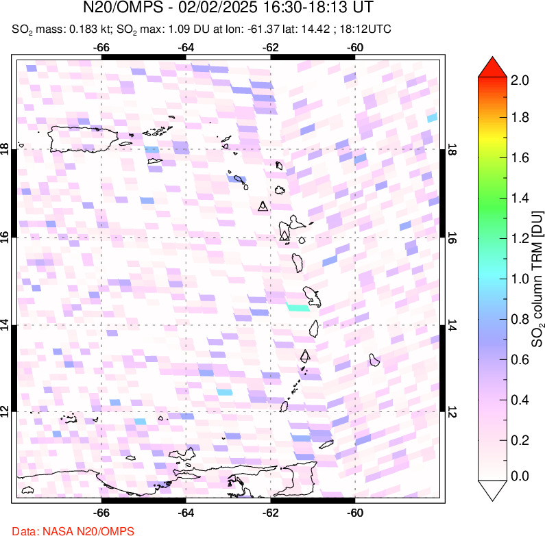 A sulfur dioxide image over Montserrat, West Indies on Feb 02, 2025.