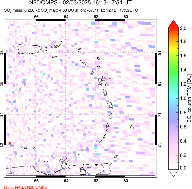 A sulfur dioxide image over Montserrat, West Indies on Feb 03, 2025.