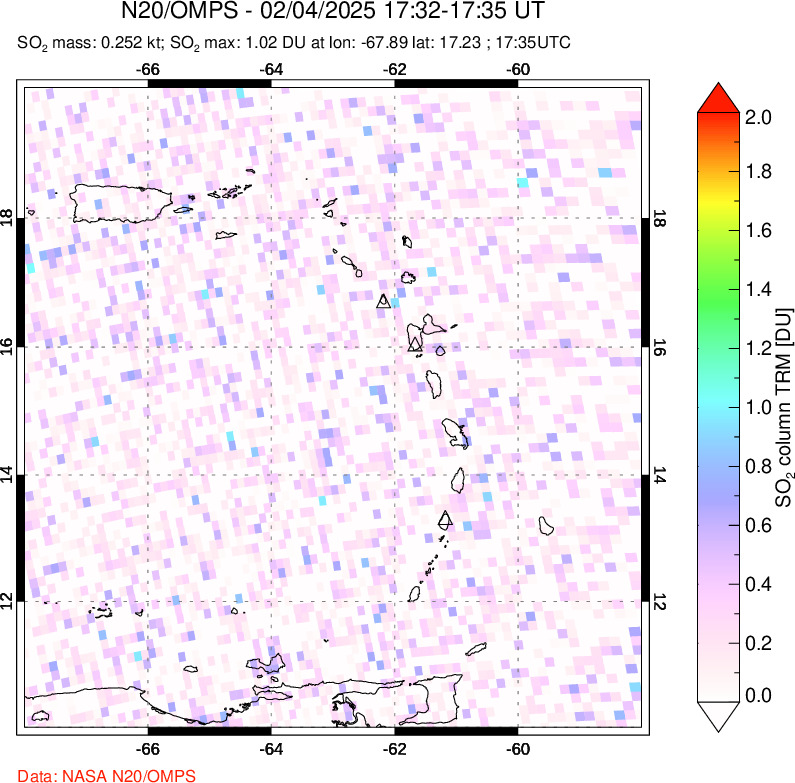 A sulfur dioxide image over Montserrat, West Indies on Feb 04, 2025.