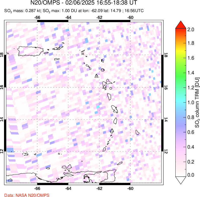 A sulfur dioxide image over Montserrat, West Indies on Feb 06, 2025.