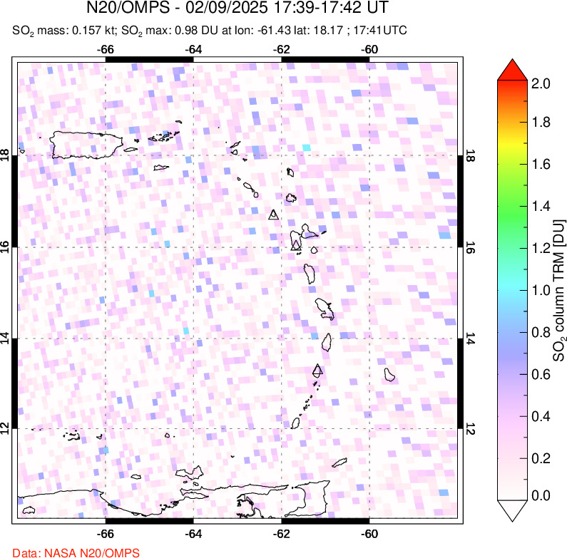 A sulfur dioxide image over Montserrat, West Indies on Feb 09, 2025.