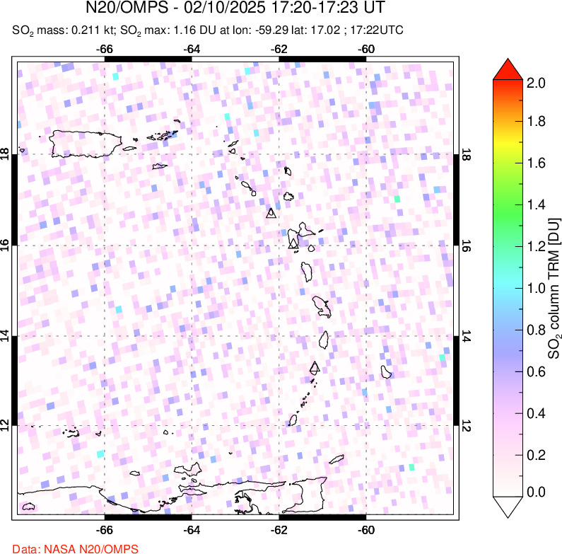 A sulfur dioxide image over Montserrat, West Indies on Feb 10, 2025.