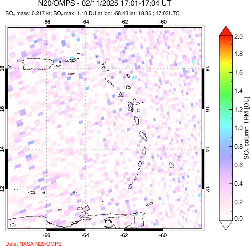 A sulfur dioxide image over Montserrat, West Indies on Feb 11, 2025.