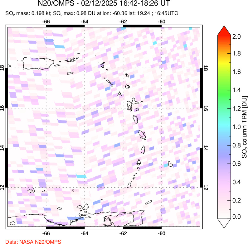 A sulfur dioxide image over Montserrat, West Indies on Feb 12, 2025.