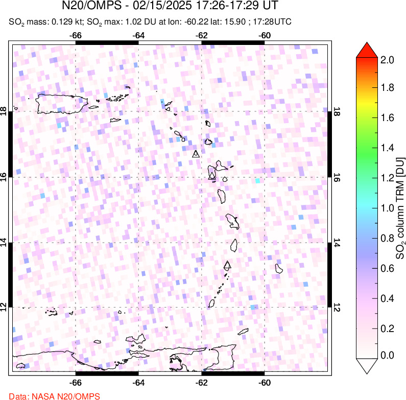 A sulfur dioxide image over Montserrat, West Indies on Feb 15, 2025.