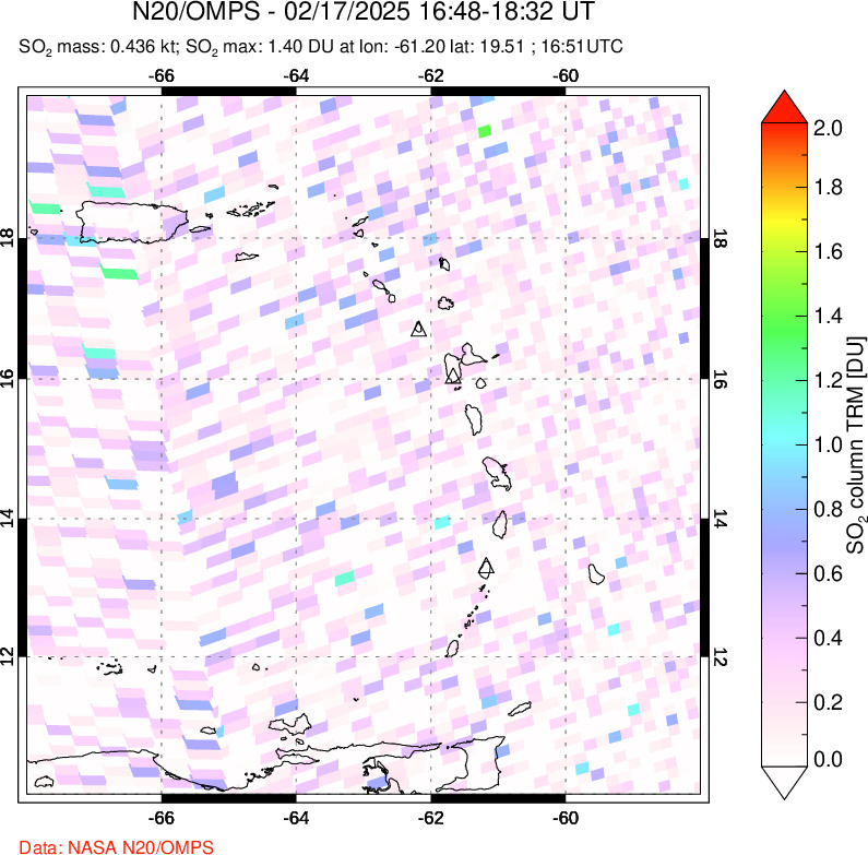 A sulfur dioxide image over Montserrat, West Indies on Feb 17, 2025.