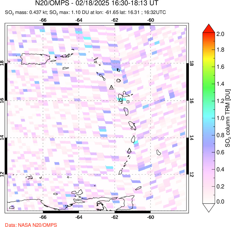 A sulfur dioxide image over Montserrat, West Indies on Feb 18, 2025.