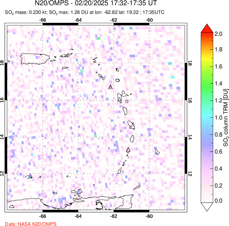 A sulfur dioxide image over Montserrat, West Indies on Feb 20, 2025.