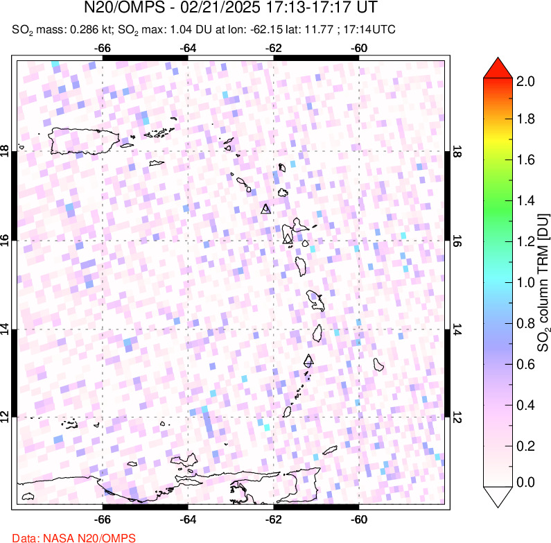 A sulfur dioxide image over Montserrat, West Indies on Feb 21, 2025.