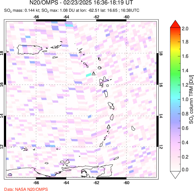 A sulfur dioxide image over Montserrat, West Indies on Feb 23, 2025.