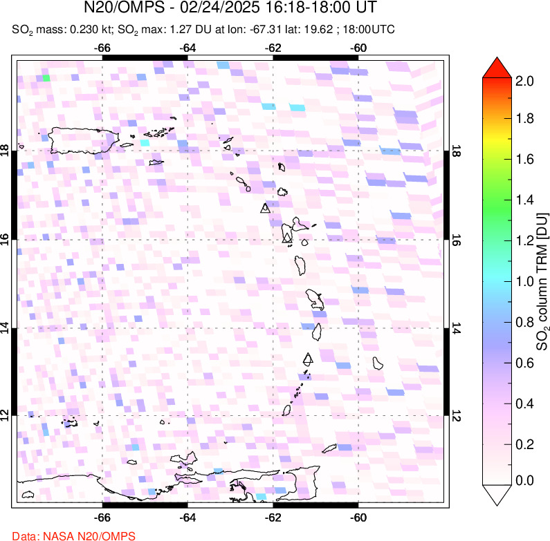 A sulfur dioxide image over Montserrat, West Indies on Feb 24, 2025.