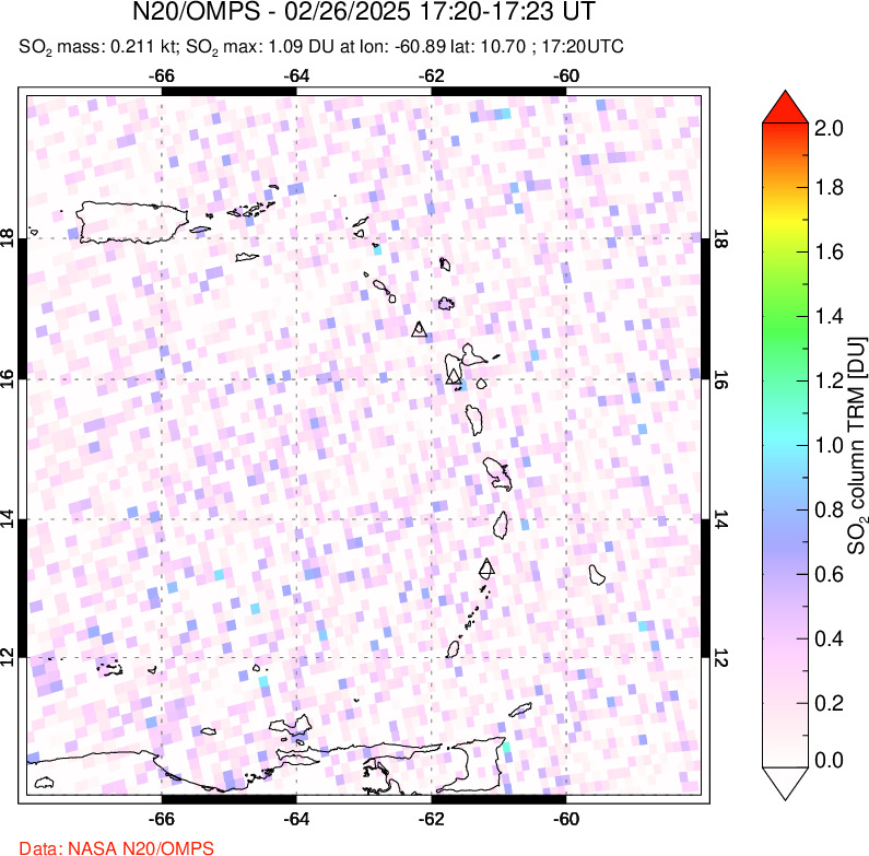 A sulfur dioxide image over Montserrat, West Indies on Feb 26, 2025.