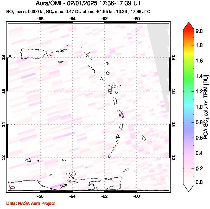 A sulfur dioxide image over Montserrat, West Indies on Feb 01, 2025.