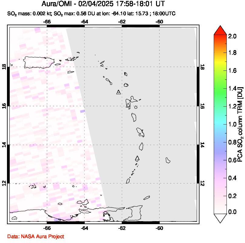 A sulfur dioxide image over Montserrat, West Indies on Feb 04, 2025.