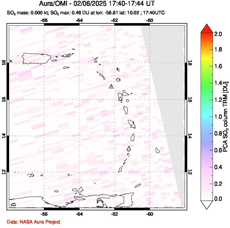 A sulfur dioxide image over Montserrat, West Indies on Feb 06, 2025.