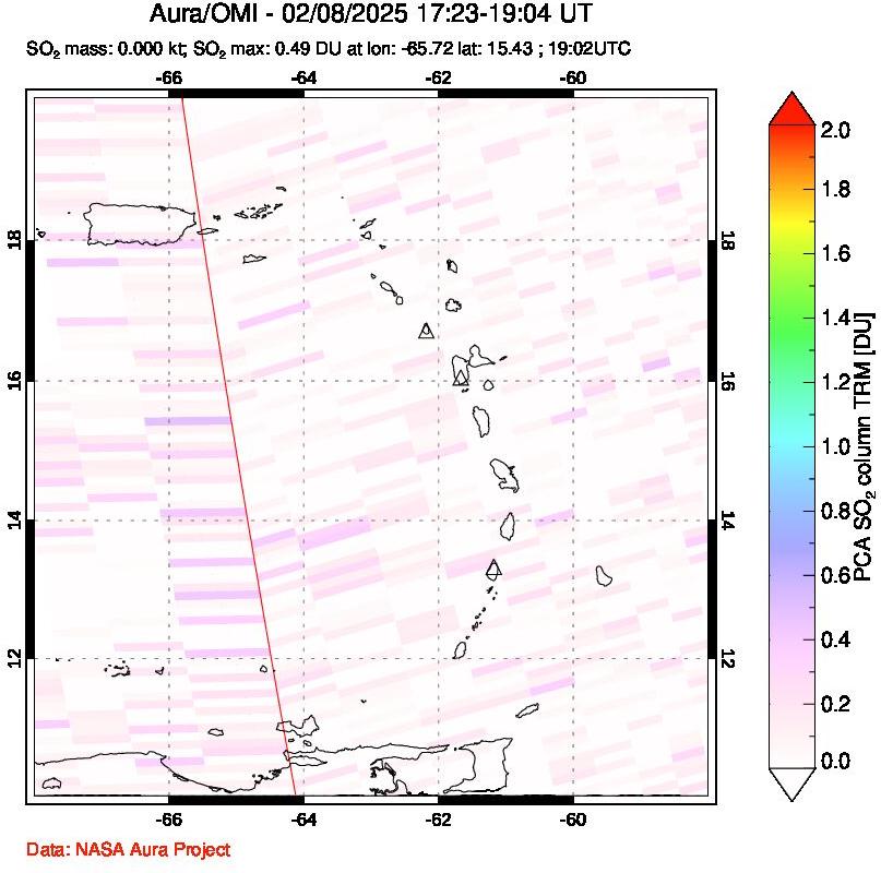 A sulfur dioxide image over Montserrat, West Indies on Feb 08, 2025.