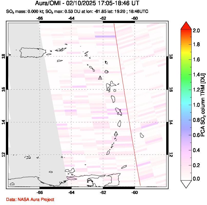 A sulfur dioxide image over Montserrat, West Indies on Feb 10, 2025.