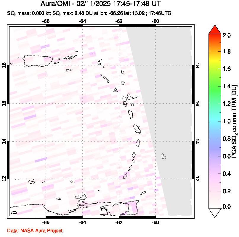 A sulfur dioxide image over Montserrat, West Indies on Feb 11, 2025.