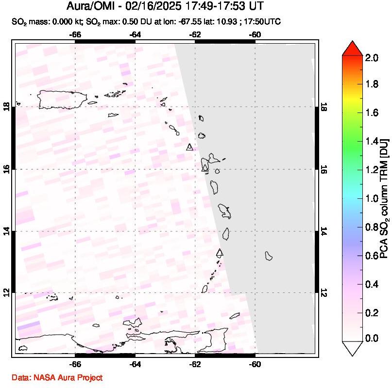 A sulfur dioxide image over Montserrat, West Indies on Feb 16, 2025.