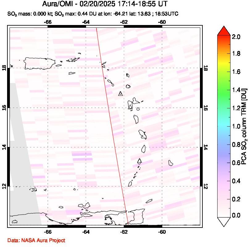 A sulfur dioxide image over Montserrat, West Indies on Feb 20, 2025.