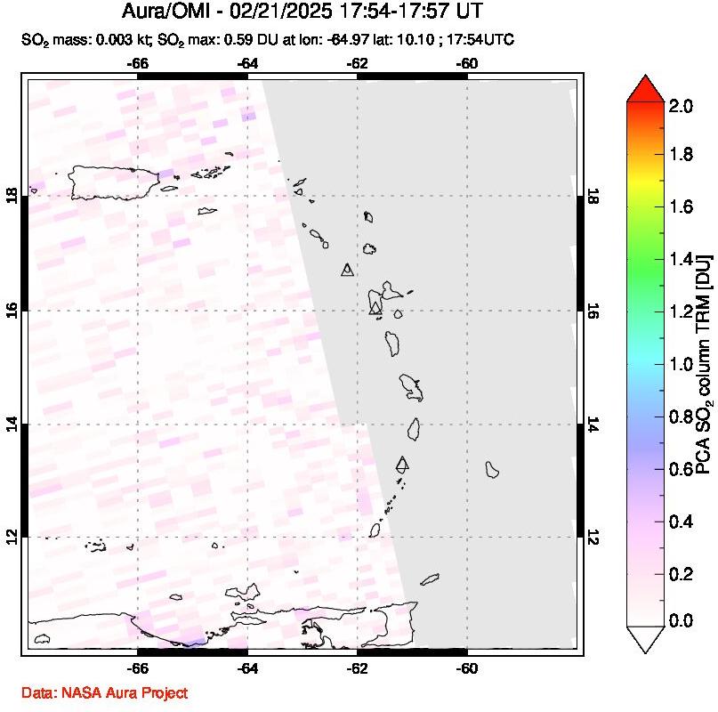 A sulfur dioxide image over Montserrat, West Indies on Feb 21, 2025.