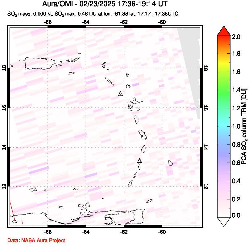 A sulfur dioxide image over Montserrat, West Indies on Feb 23, 2025.