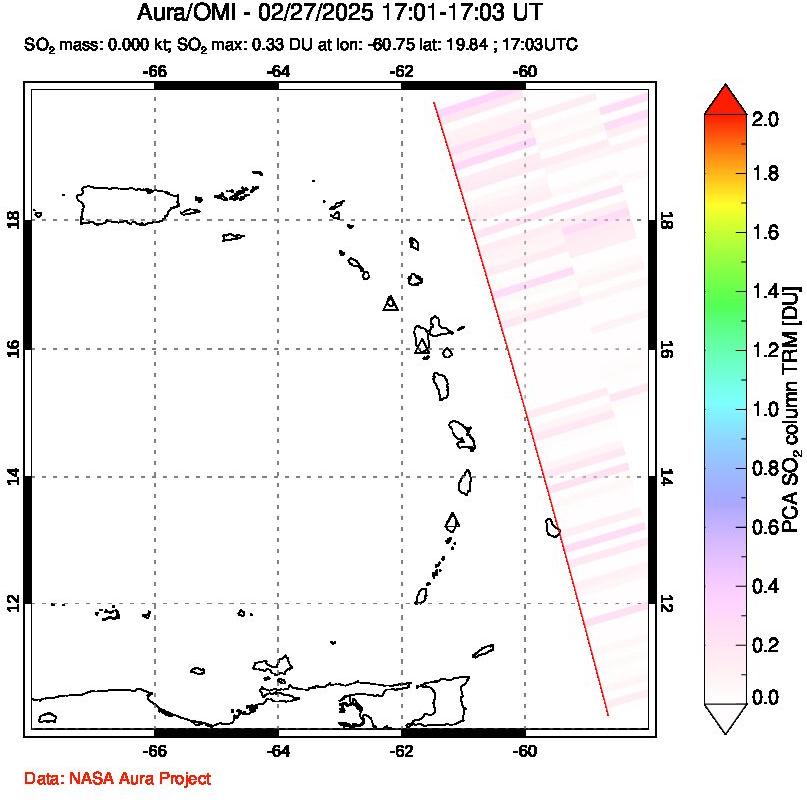 A sulfur dioxide image over Montserrat, West Indies on Feb 27, 2025.