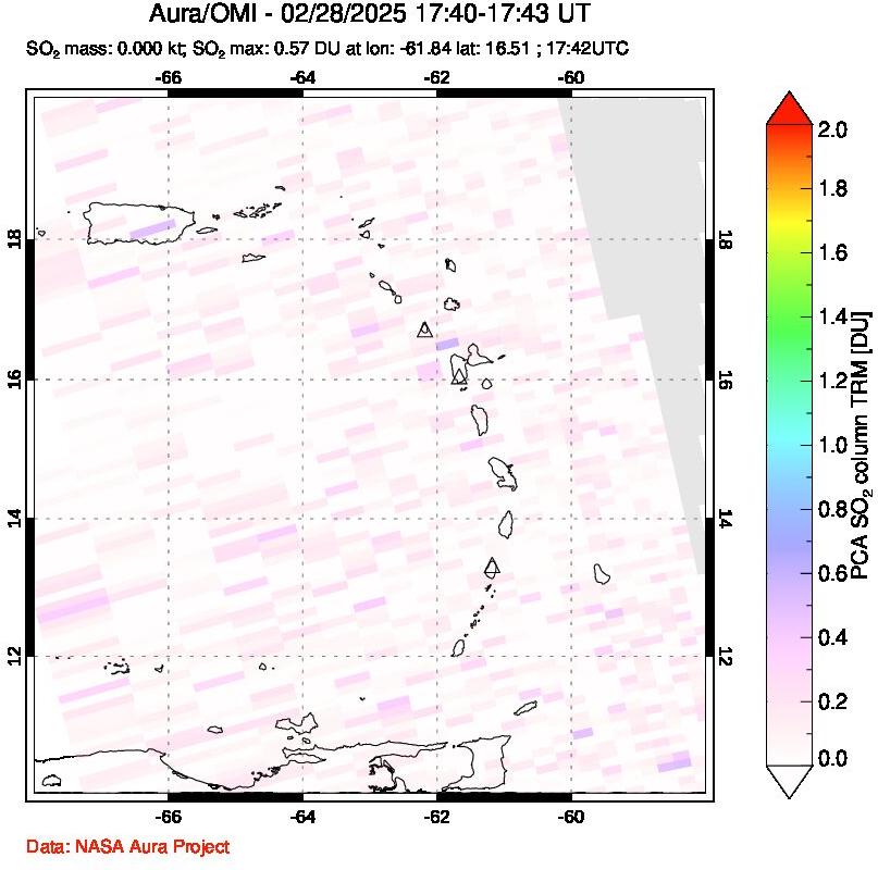 A sulfur dioxide image over Montserrat, West Indies on Feb 28, 2025.