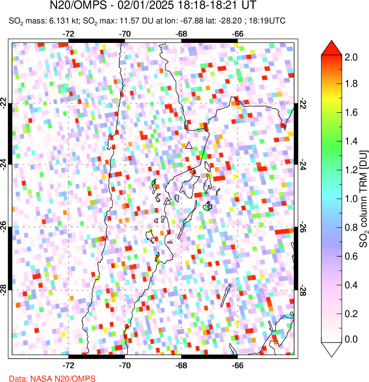 A sulfur dioxide image over Northern Chile on Feb 01, 2025.