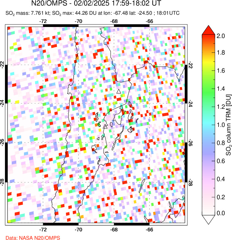 A sulfur dioxide image over Northern Chile on Feb 02, 2025.