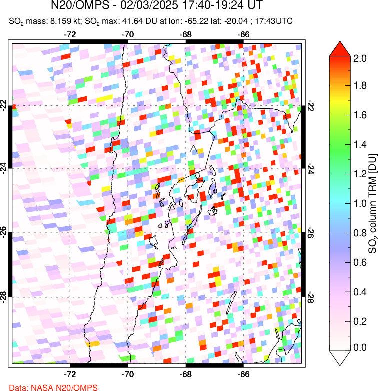 A sulfur dioxide image over Northern Chile on Feb 03, 2025.