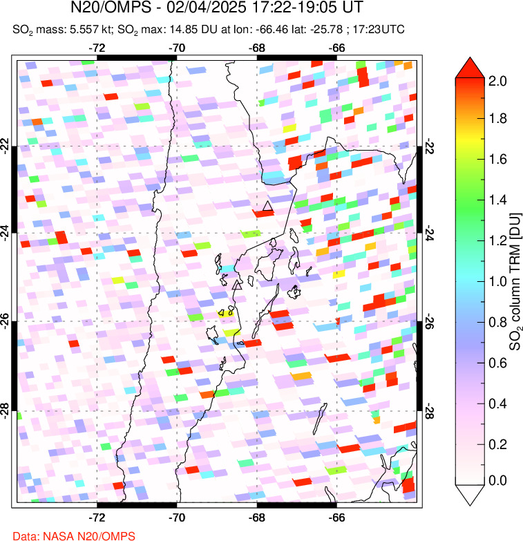 A sulfur dioxide image over Northern Chile on Feb 04, 2025.