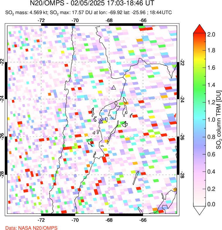 A sulfur dioxide image over Northern Chile on Feb 05, 2025.