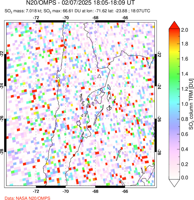 A sulfur dioxide image over Northern Chile on Feb 07, 2025.