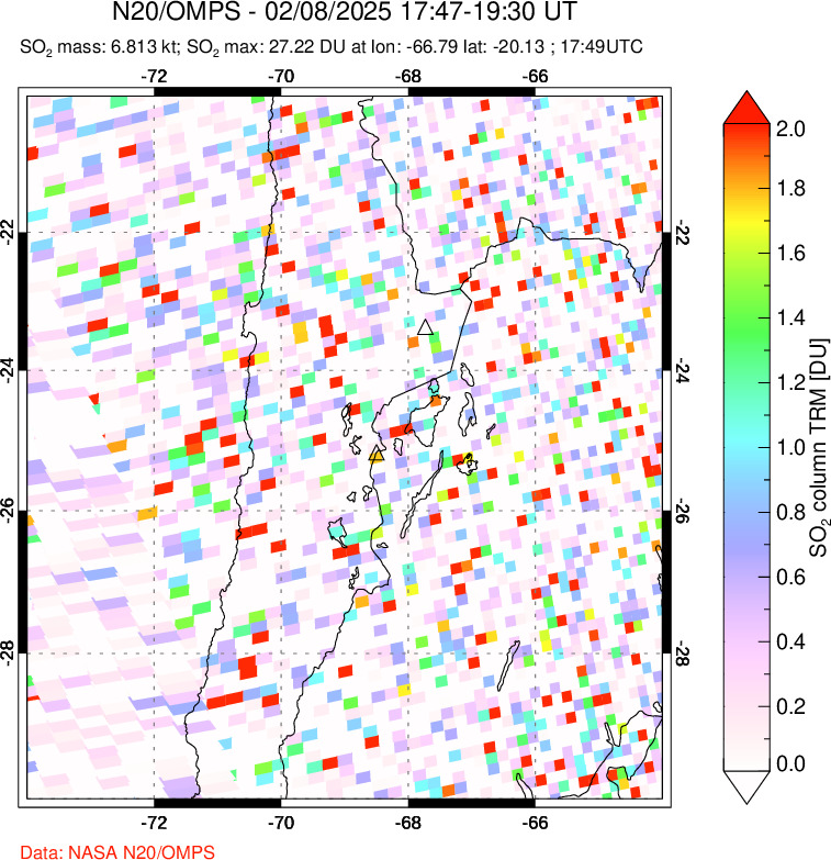 A sulfur dioxide image over Northern Chile on Feb 08, 2025.