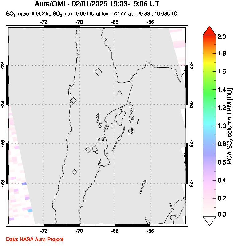 A sulfur dioxide image over Northern Chile on Feb 01, 2025.