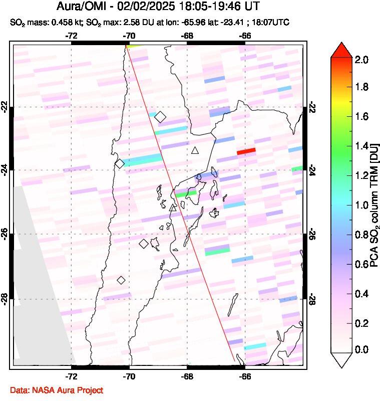 A sulfur dioxide image over Northern Chile on Feb 02, 2025.