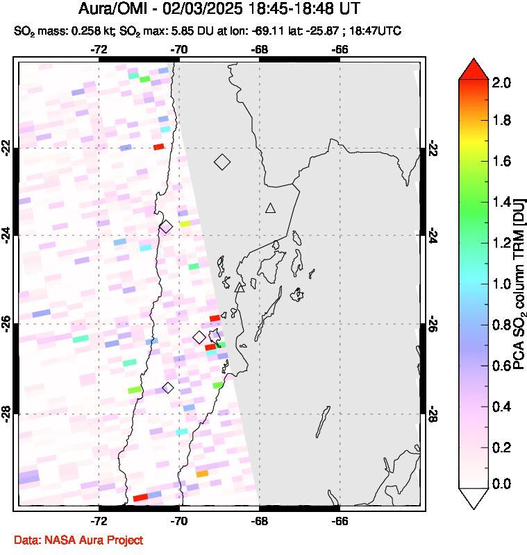 A sulfur dioxide image over Northern Chile on Feb 03, 2025.