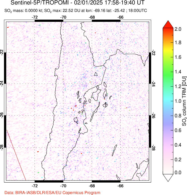 A sulfur dioxide image over Northern Chile on Feb 01, 2025.