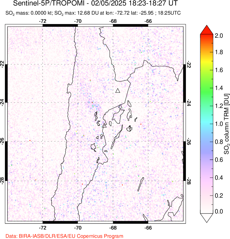 A sulfur dioxide image over Northern Chile on Feb 05, 2025.