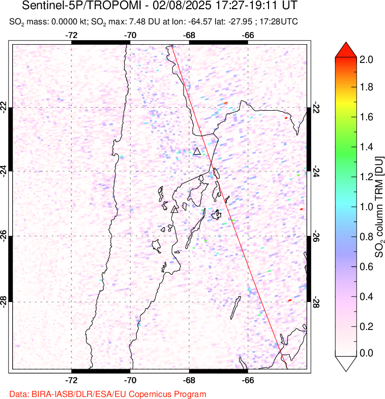 A sulfur dioxide image over Northern Chile on Feb 08, 2025.