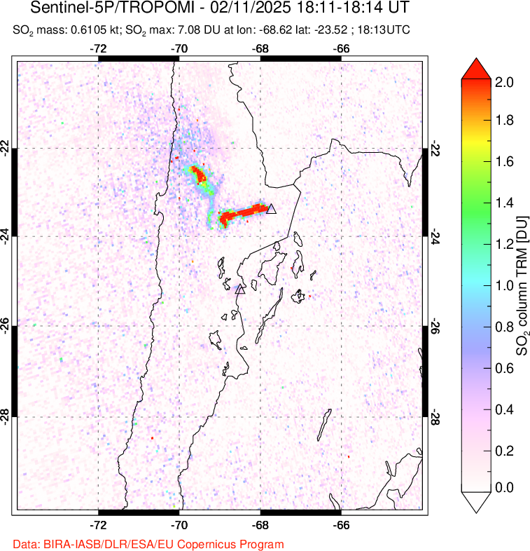 A sulfur dioxide image over Northern Chile on Feb 11, 2025.