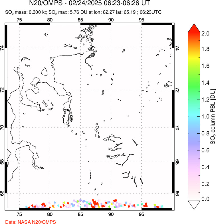 A sulfur dioxide image over Norilsk, Russian Federation on Feb 24, 2025.