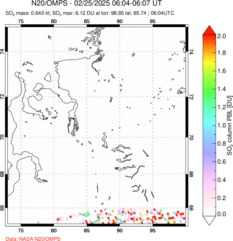 A sulfur dioxide image over Norilsk, Russian Federation on Feb 25, 2025.