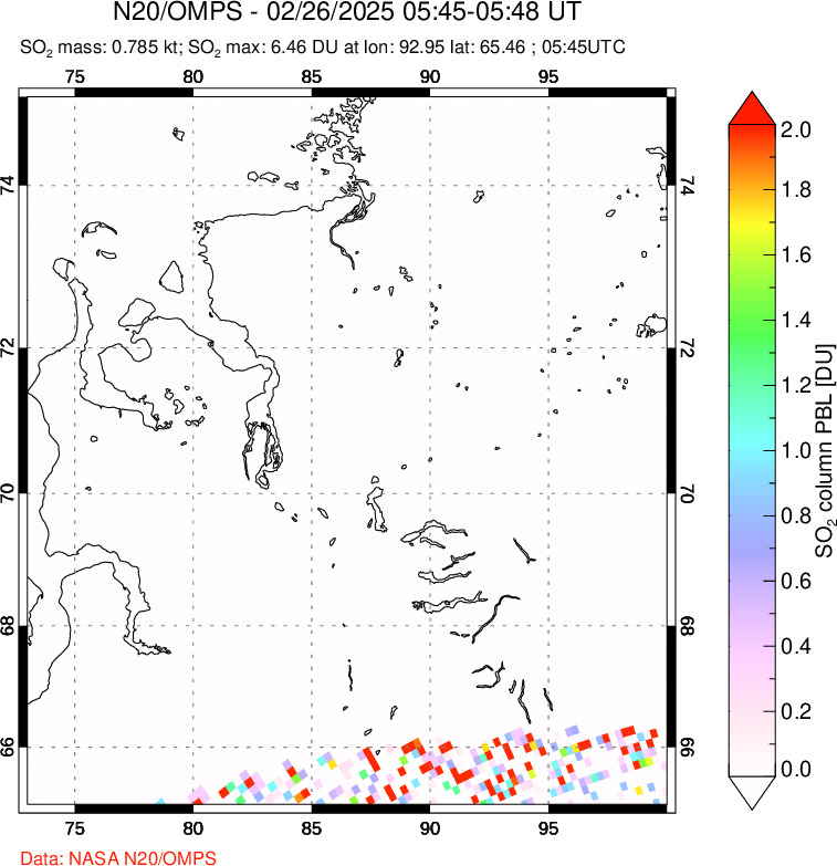 A sulfur dioxide image over Norilsk, Russian Federation on Feb 26, 2025.