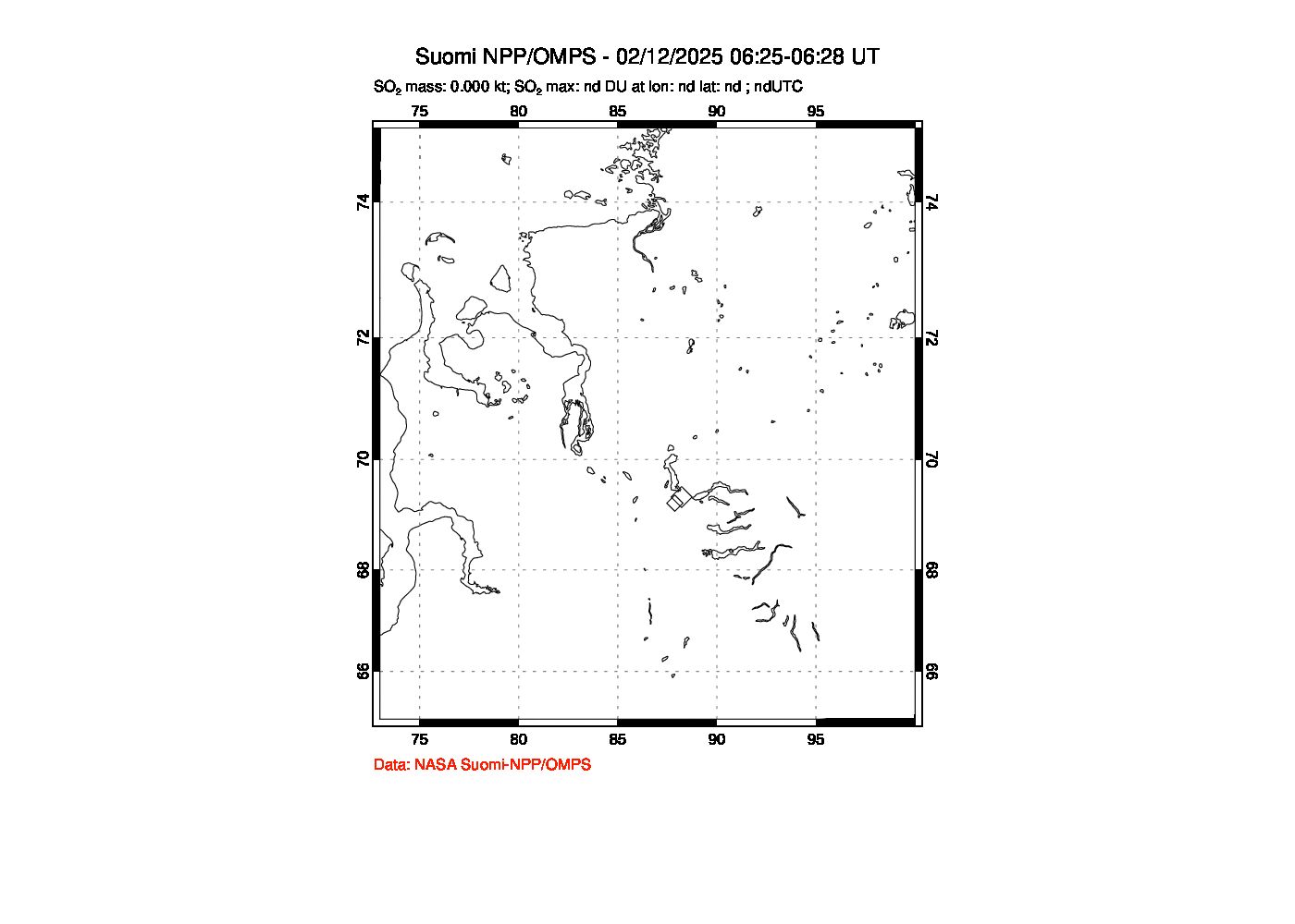 A sulfur dioxide image over Norilsk, Russian Federation on Feb 12, 2025.